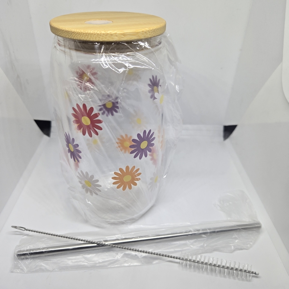Colorful Flowers Glass Can Cup